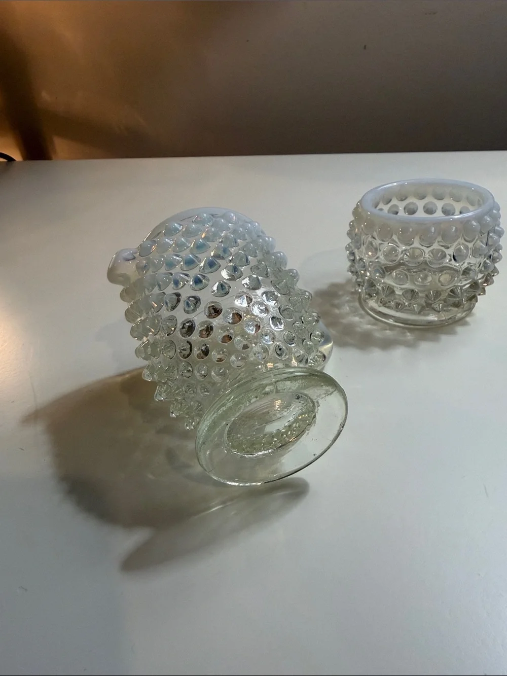 Hobnail Glass Creamer and Sugar Set - Opalescent White